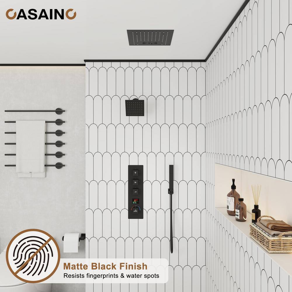 Matte Black 12" LED Rain Shower System with Bluetooth Speaker
