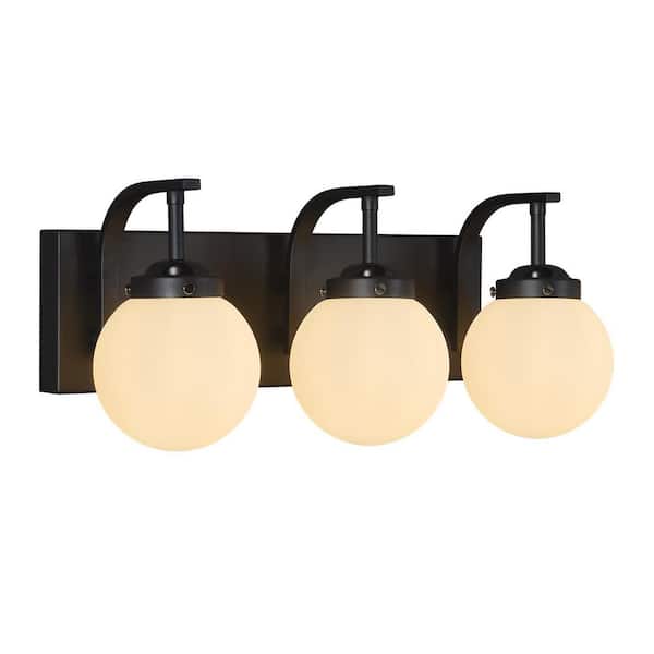 Home Lighting 18.11 in. 3-Light SandBlack Modern Milk White Glass Globe Shade Vanity Light Over Mirror For Bathroom