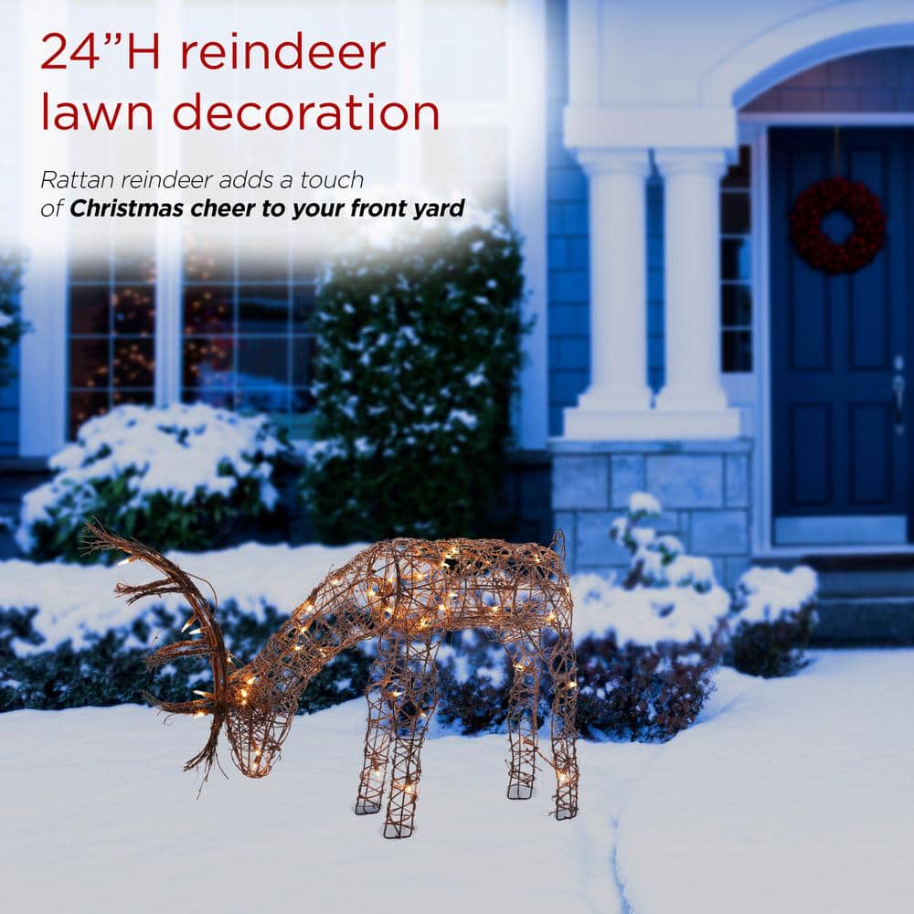 24" Warm White Pre-lit Rattan Reindeer Statue