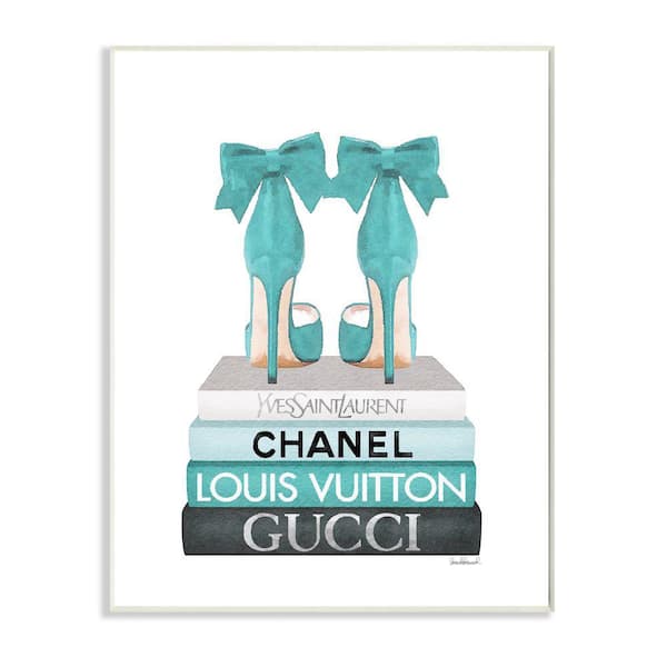 Turquoise Bow Heels on Books Women's Fashion by Amanda Greenwood Unframed Print Abstract Wall Art 13 in. x 19 in.