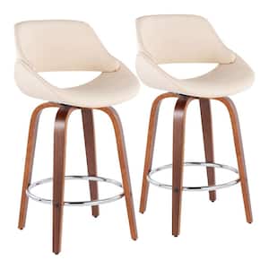 Fabrico 38 in. Cream Faux Leather and Walnut Wood High Back Counter H Bar Stool with Round Chrome Footrest (Set of 2)