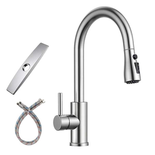 FORIOUS Single-Handle Kitchen Faucet with Pull Down Sprayer High-Arc Kitchen Sink Faucet with Deck Plate in Brushed Nickel