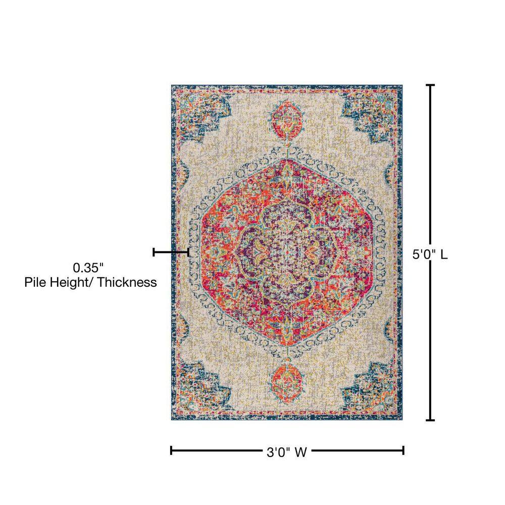 Cream and Orange Medallion Synthetic Reversible Area Rug, 3' x 5'