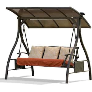 3-Person Metal Patio Swing With Adjustable Canopy Solar LED Light and 3 Sunbrella Cushions
