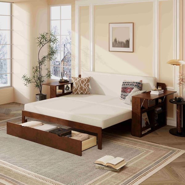 Espresso Queen Size Daybed with Removable Desk, Storage Drawers and Hydraulic Side Table