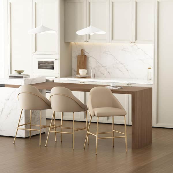 Gracie 26 in. Modern Tan and Gold Metal Frame Counter Height Bar Stool with Faux Leather Upholstered Seat (Set of 3)