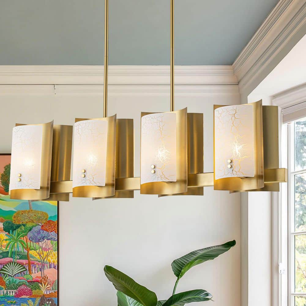 39.37 in. 8-Light Brushed Gold Linear Chandelier, Modern Crackle Glass Pendant Light for Kitchen Island Dining Room price history on PriceWatchPro