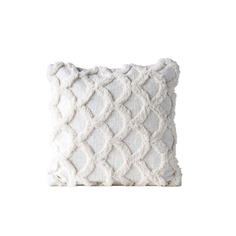 18" White Cotton Polyester Square Throw Pillow with Scallop Pattern