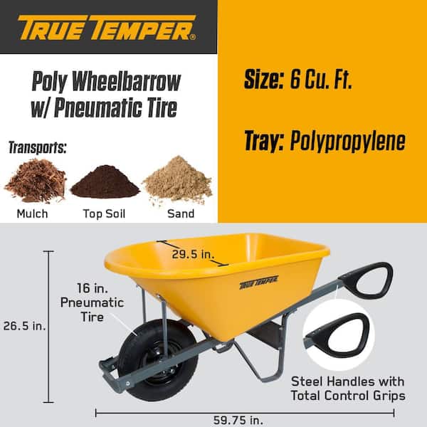6 cu. ft. Polypropylene Poly Powered Wheelbarrow with Total Control Steel Handles and Air Filled Tire