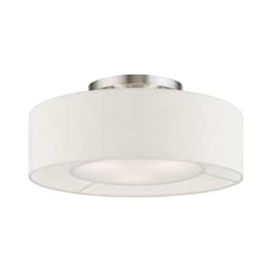 Ellsworth 17 in. 3-Light Brushed Nickel Semi-Flush Mount with Oatmeal Shade