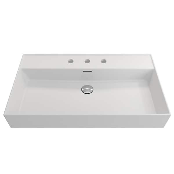 BOCCHI Milano Wall-Mounted Matte White Fireclay Rectangular Bathroom Sink 32 in. 3-Hole with Overflow