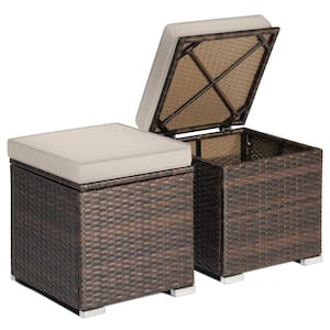 Wicker Outdoor Ottoman Multi-Purpose Footstool Storage Box Side Table with Removable Beige Cushions (2-Pack)