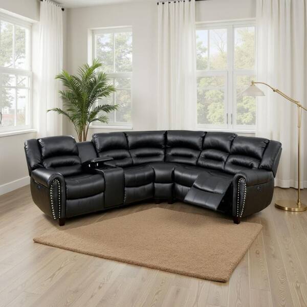 Qox 98.0 in. Pillow Top Arm Bonded Leather Modern L-Shaped Power Reclining Sectional Sofa Set in. Black