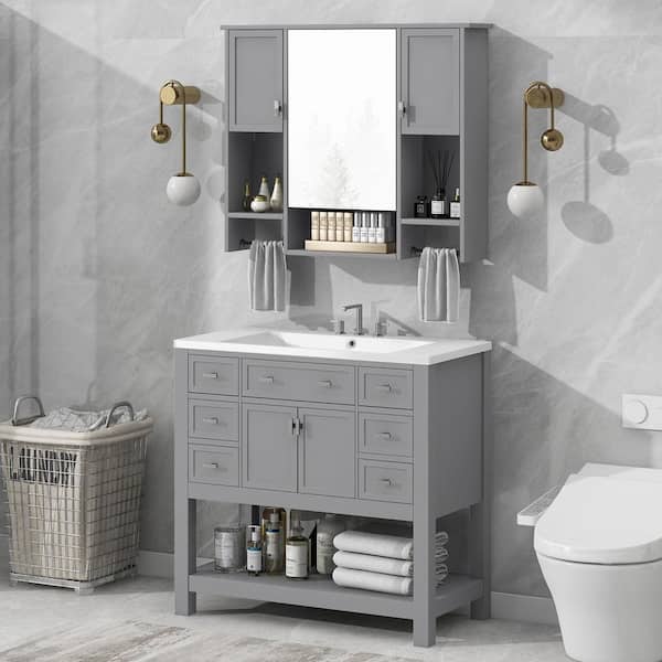 36 in. W Single Sink Freestanding Gray Bath Vanity with White Resin Top and 6-Drawers