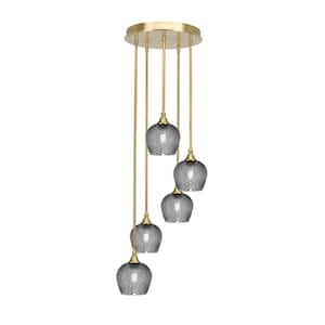 Villa 15.25 in. 5 Light New Age Brass Cluster Pendant Light with 6 in. Smoke Textured Glass Shades No Bulbs Included