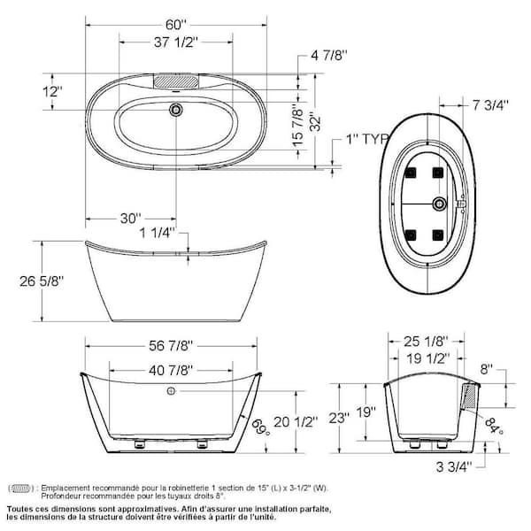 Delsia AcrylX 60in. x 32in. Freestanding Soaking Bathtub with Center Drain in White with Black Skirt