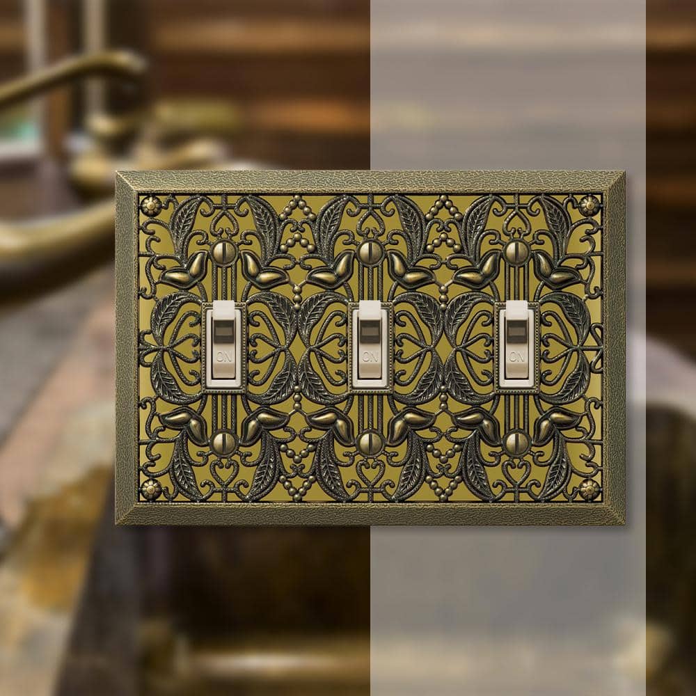 Antique Brass Filigree Triple Toggle Cast Metal Wallplate