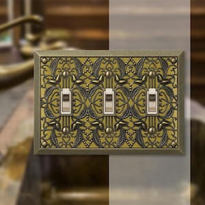 Filigree 3 Gang Toggle Metal Wall Plate - Antique Brass