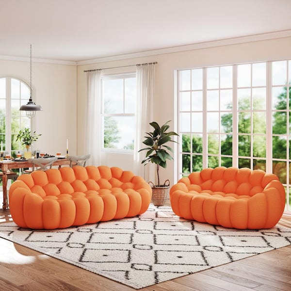 Magic Home (Set of 2) Bubble Curved Sofa, 98 in. Mesh Fabric Modern 3-Seater Sectional Sofa Set with Loveseat Living Room in Orange