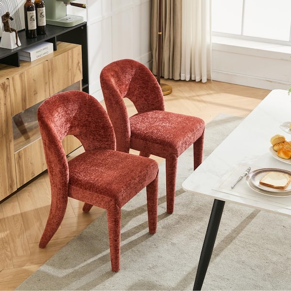 Just Red Chenille Upholstered Dining Chair, Hollowed Out Backrest (Set of 2), Rose