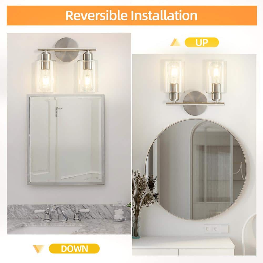 Brushed Nickel 2-Light Vanity Fixture with Clear Glass Shades
