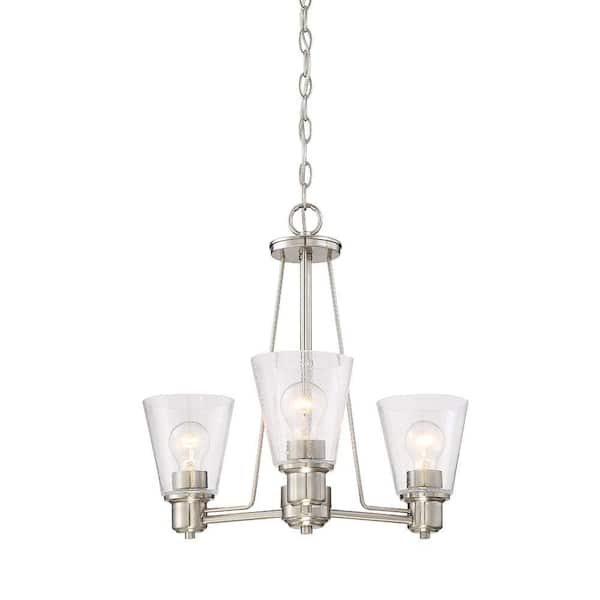 Designers Fountain Printers Row 3-Light Satin Platinum Chandelier with Clear Seedy Glass Shades For Dining Rooms