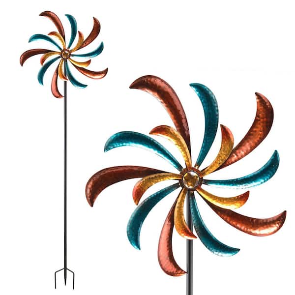 Alpine Corporation 63 in. Tall Outdoor Curved Blade Windmill Stake Kinetic Spinner, Multicolor