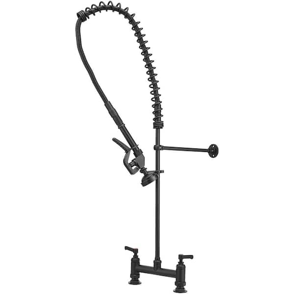 Commercial Double Handles Deck Mount Pre-Rinse Utility Pull Down Sprayer Kitchen Faucet Space Saver in Matte Black