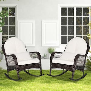 Wicker Outdoor Rocking Chair with White Cushions and Lumbar Pillow 2 of Chairs Included
