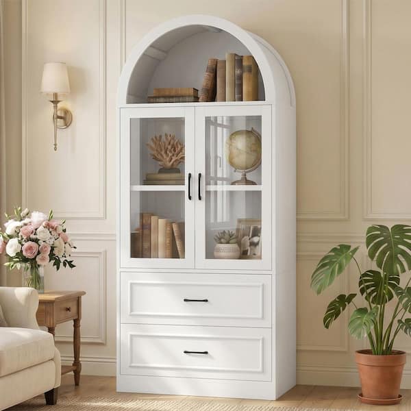 Modern White Arched Kitchen Pantry with Glass Doors, 2-Tier Shelves, 2 Large Drawers, Soft Close Hinges & Metal Handles