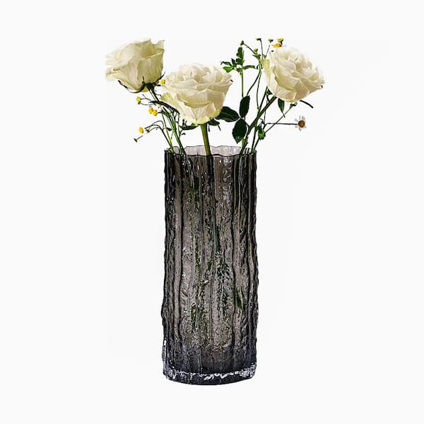 Glacier Glass Series 9.8 in. Black Glass Cylinder Decorative Vase