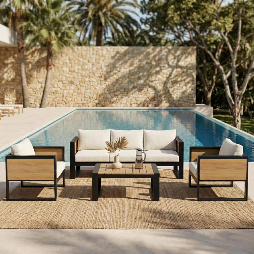 Large 4-Piece Aluminum Frame Outdoor Conversation Set with Fold-Out Side Tables and Beige Cushions price history on PriceWatchPro