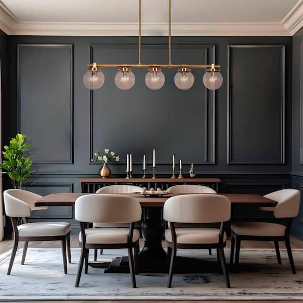 Modern Brass 38 in. W 5-Light Island Chandelier Linear Candlestick Hanging Ceiling Light with Globe-Cracked Glass Shades
