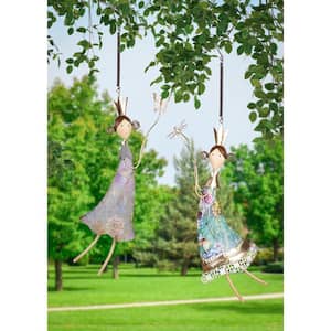 27 in. Metal Hand Painted Fairies with Bugs Hanging Decor, Set of 2
