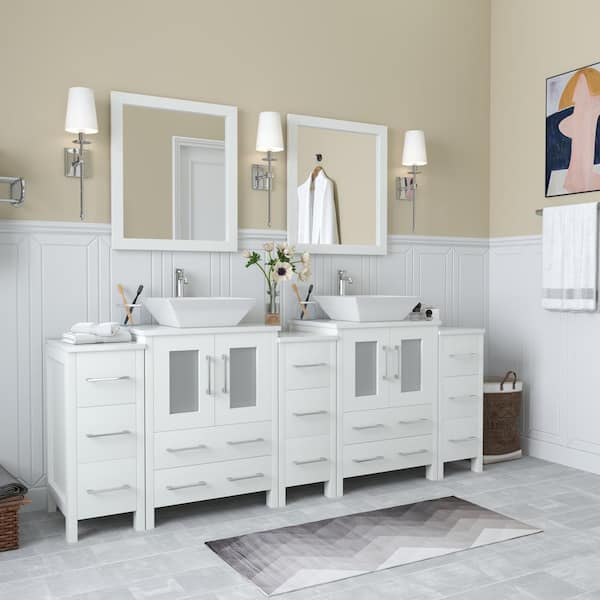 Ravenna 84 in. W Bathroom Vanity in White with Double Basin in White Engineered Marble Top and Mirrors