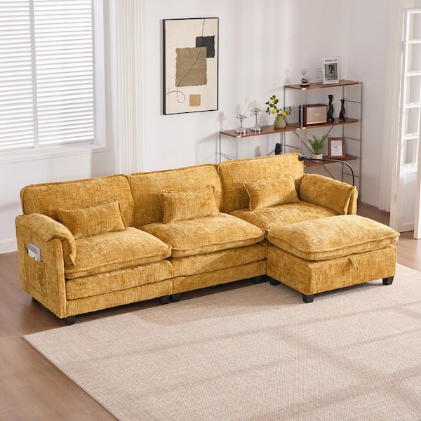 Pure 109.84 in Chenille L Shaped Sectional Sofa in. Yellow with Movable Storage Ottoman, Phone Holder, USB Charging