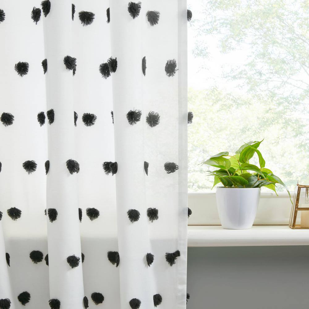 Black and White Faux Silk Pom Pom Sheer Curtain Panel