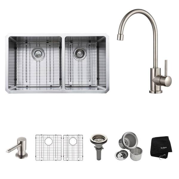 KRAUS All-in-One Undermount Stainless Steel 33 in. Double Basin Kitchen Sink with Faucet and Accessories in Stainless Steel