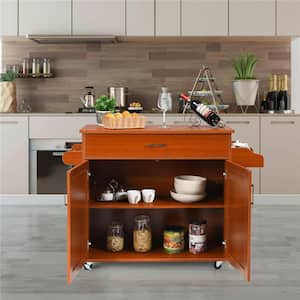 Rolling Kitchen Cherry Island Cart Storage Cabinet with Towel and Spice Rack