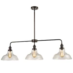 60 Watt 3 Light Bronze Finished Shaded Pendant Light with Clear glass Glass Shade and No Bulbs Included