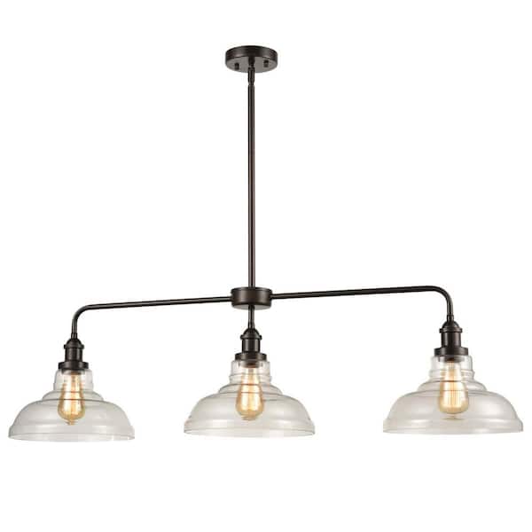 CLAXY 60 Watt 3 Light Bronze Finished Shaded Pendant Light with Clear glass Glass Shade and No Bulbs Included