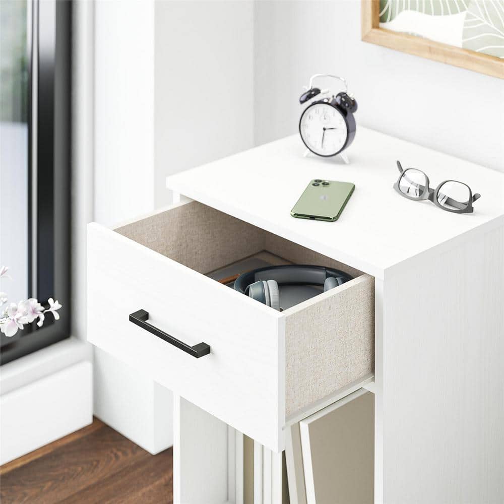 White Laminated Particleboard Nightstand with Drawer and Cubby
