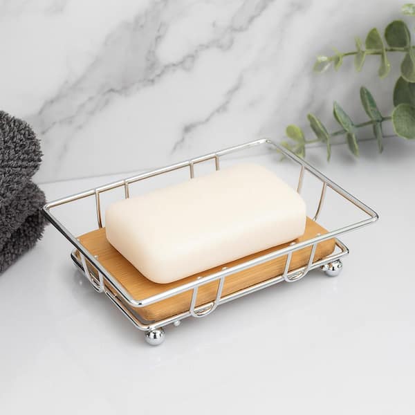 EVIDECO French home goods Bath Metal Wire Soap Dish Cup with Bamboo Tray Brown