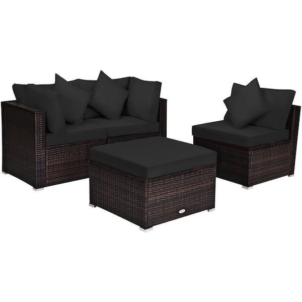 Costway 4-Piece Wicker Outdoor Sectional Set Patio Rattan Furniture Set Sofa Ottoman with Black Cushions