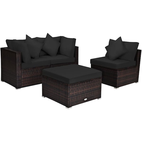 4-Piece Wicker Outdoor Sectional Set Patio Rattan Furniture Set Sofa Ottoman with Black Cushions