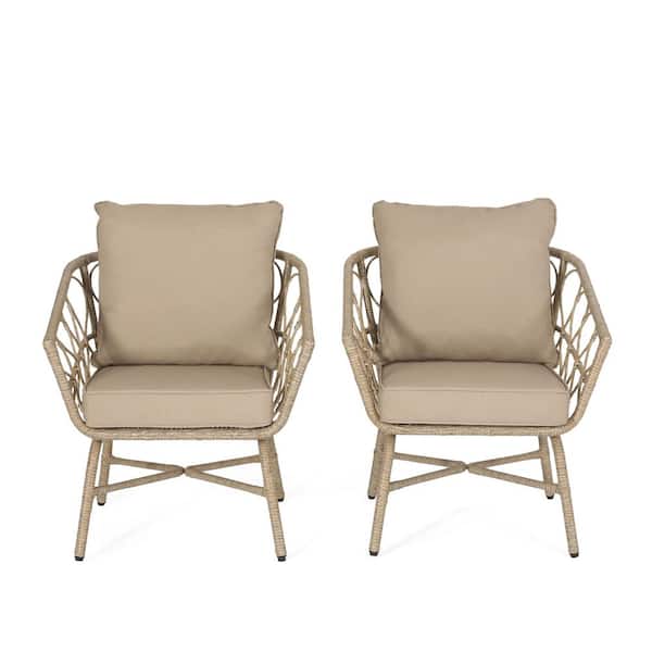 Brown Wicker and Metal Outdoor Lounge Chair with Waterproof Brown Fabric Cushion (2-Pack)