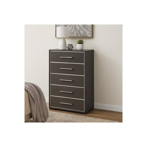 Hez Tall Dresser Chest, 5 Drawers, Silver Trim, Modern Dark Brown Finish Benjara