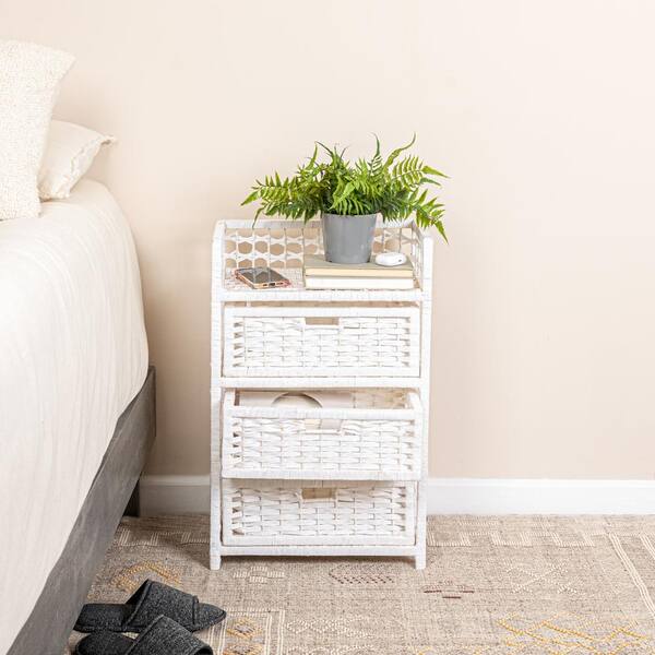 HOUSEHOLD ESSENTIALS Woven Accent Furniture White Finish 26.4 in. H Accent Cabinet with 3 Drawers HE1105