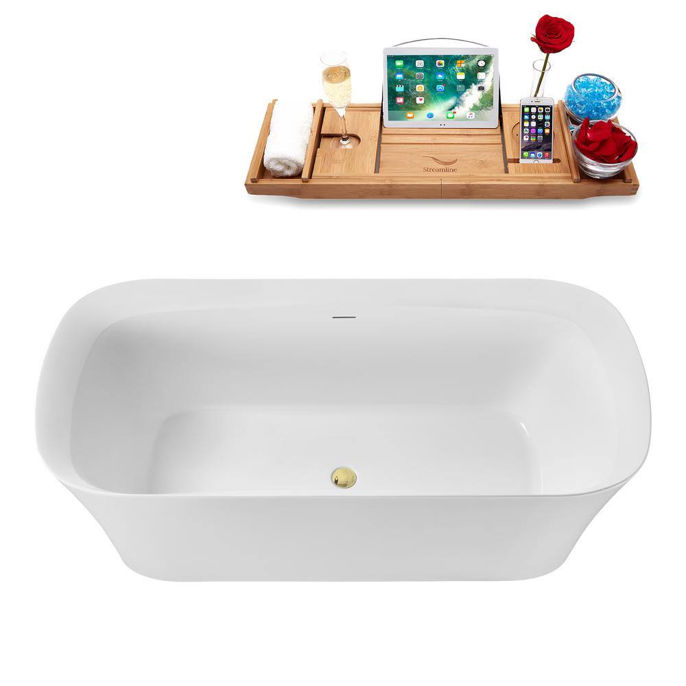 67" Glossy White Acrylic Freestanding Soaking Tub with Bamboo Tray