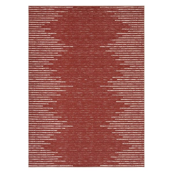 Garvee Washable Red 5 ft. x 7 ft. Modern Striped Printed Rug Low Pile Soft Thin Carpet Stain Resistant Non-Slip, Area Rug